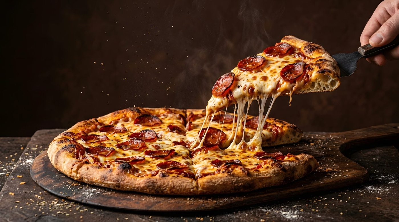 A slice of freshly baked pepperoni pizza
